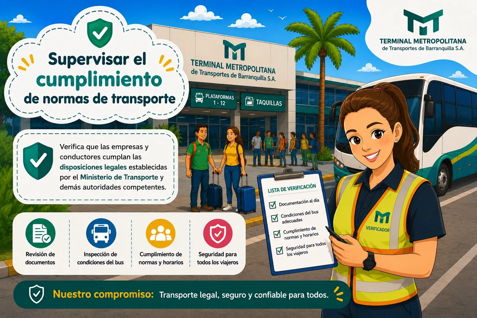 Supervisar el cumplimiento de normas de transporte: verifica que las empresas y conductores cumplan las disposiciones legales establecidas por el Ministerio de Transporte y demás autoridades competentes.